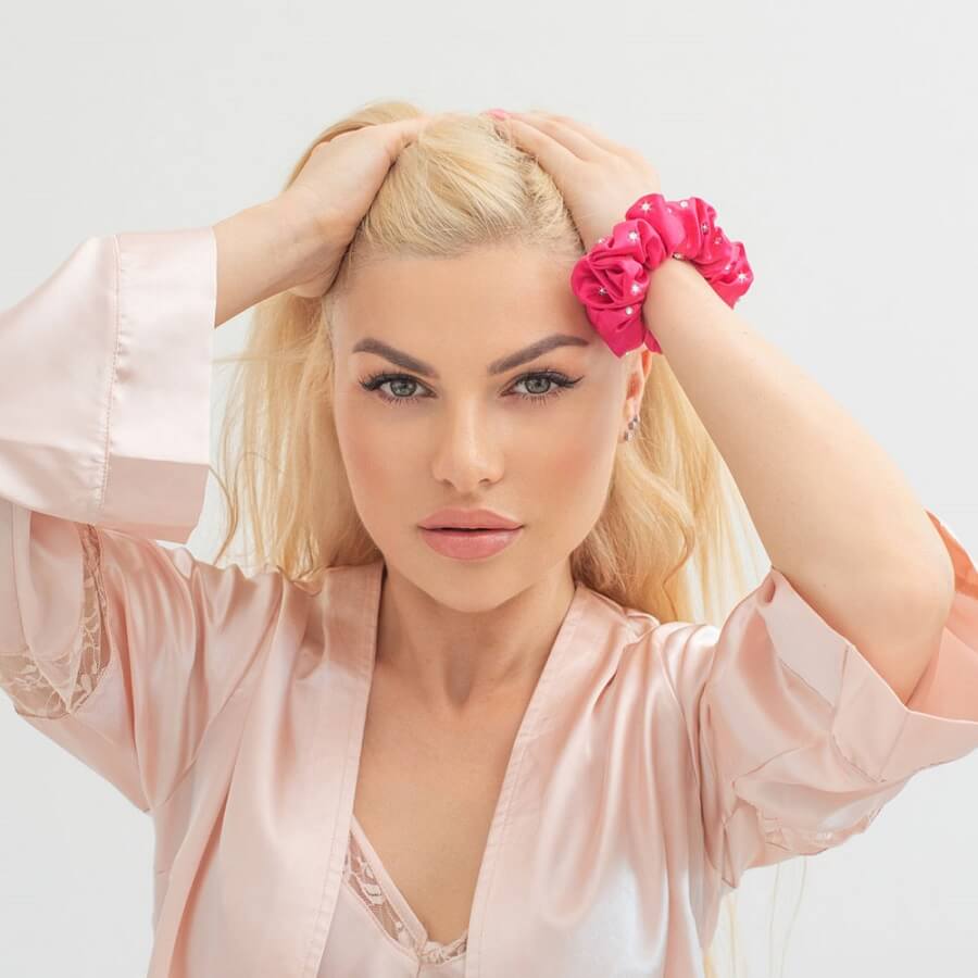 Crystalized Silk Scrunchie Hot Pink
